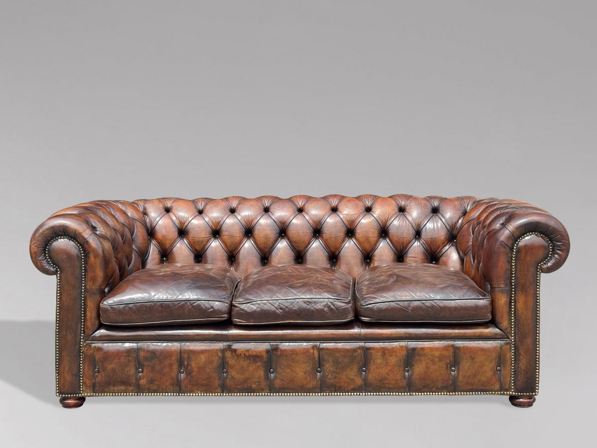 19ème Siècle, Chesterfield Victorien 3-Places en Cuir Marron-photo-7