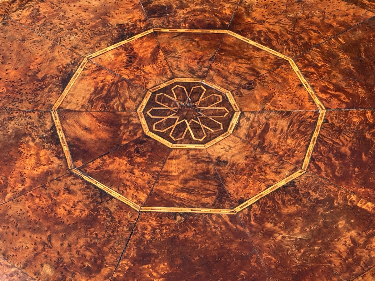 19ème Siècle, Table Basse Octogonale en Loupe d’If Incrustée -photo-4