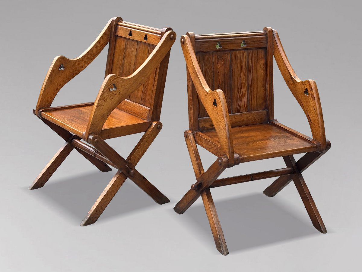 Pair Of 19th-century Victorian-period Pitch Pine Glastonbury Armchairs-photo-2