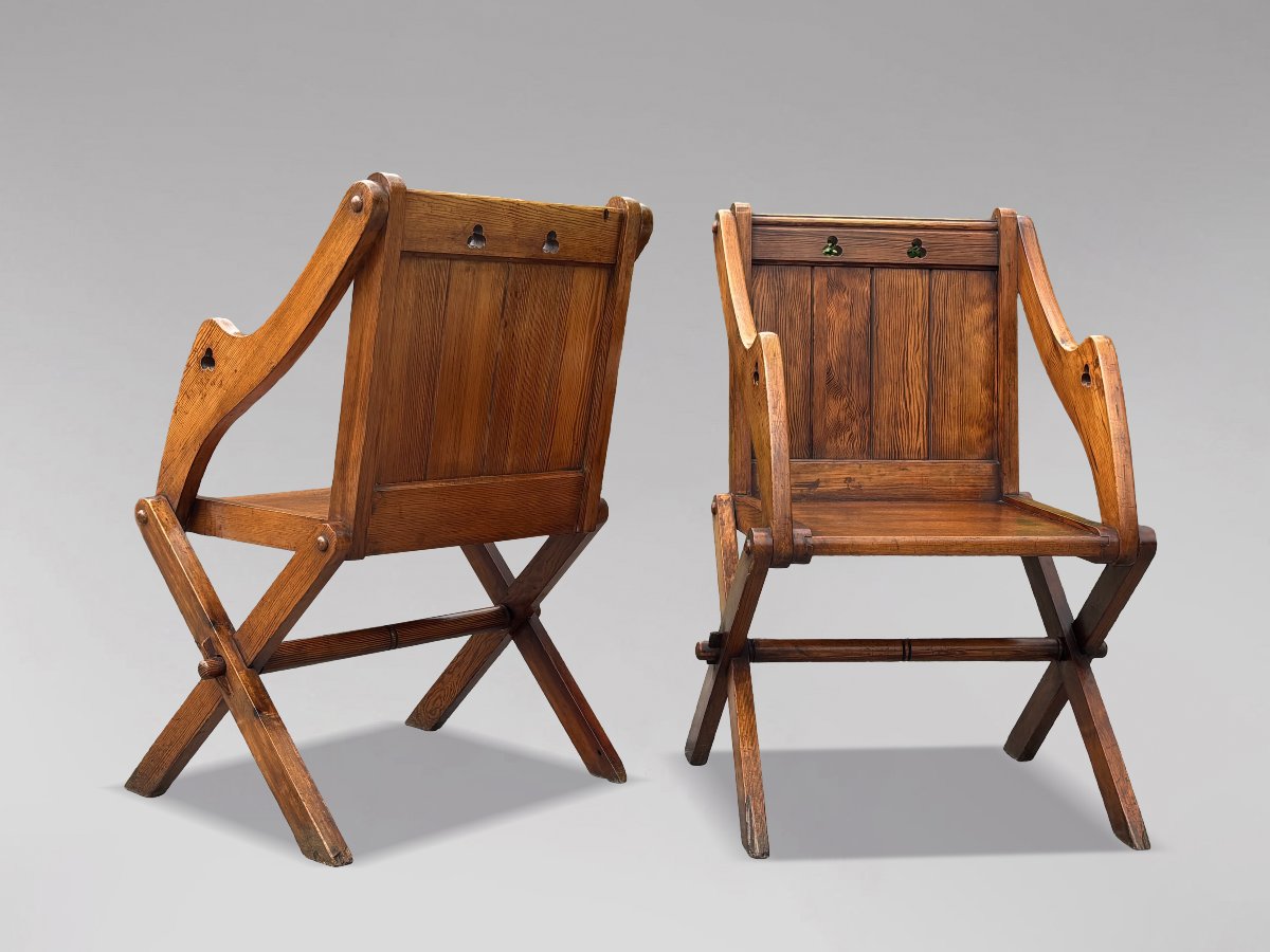 Pair Of 19th-century Victorian-period Pitch Pine Glastonbury Armchairs-photo-7
