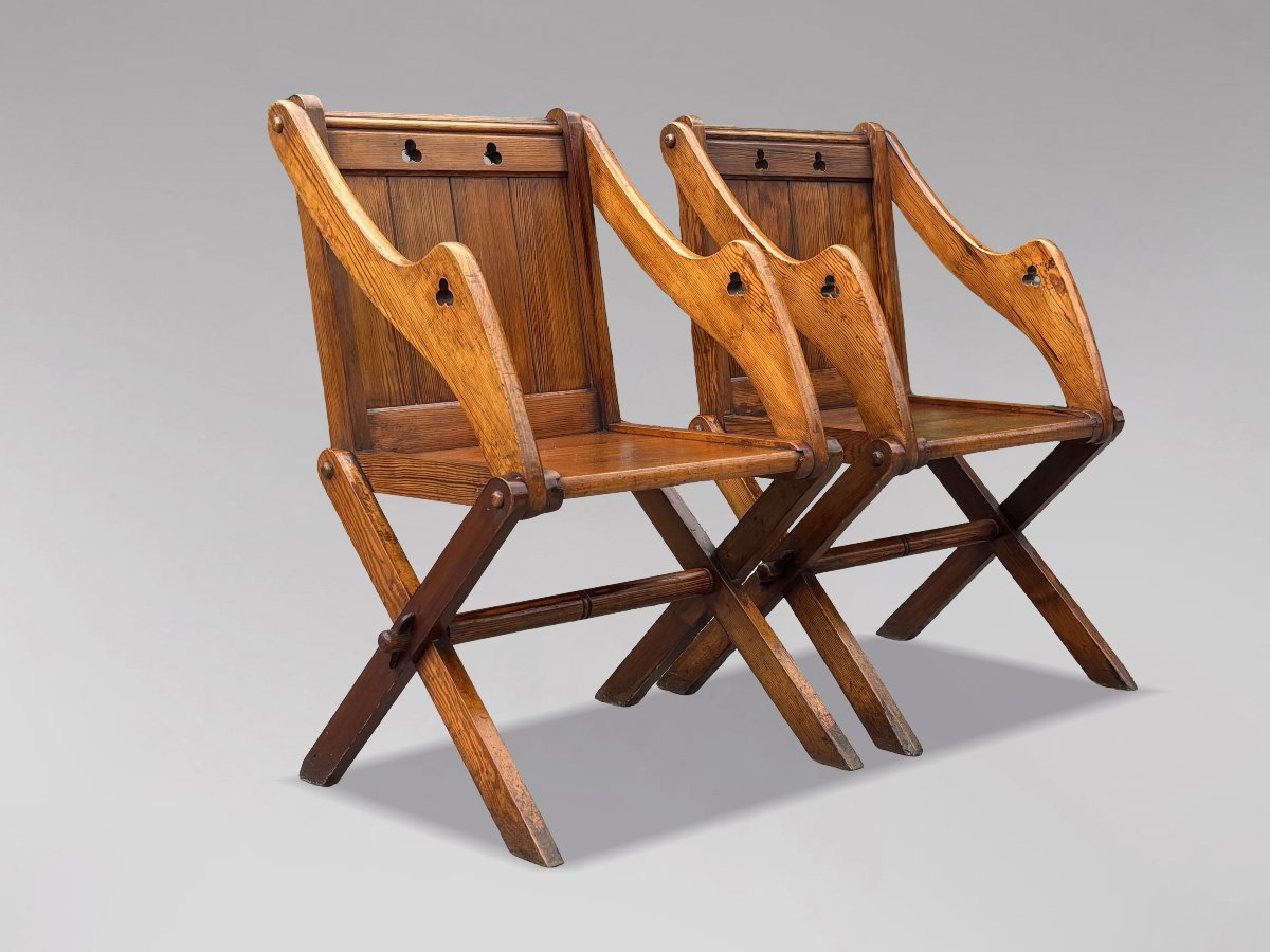 Pair Of 19th-century Victorian-period Pitch Pine Glastonbury Armchairs