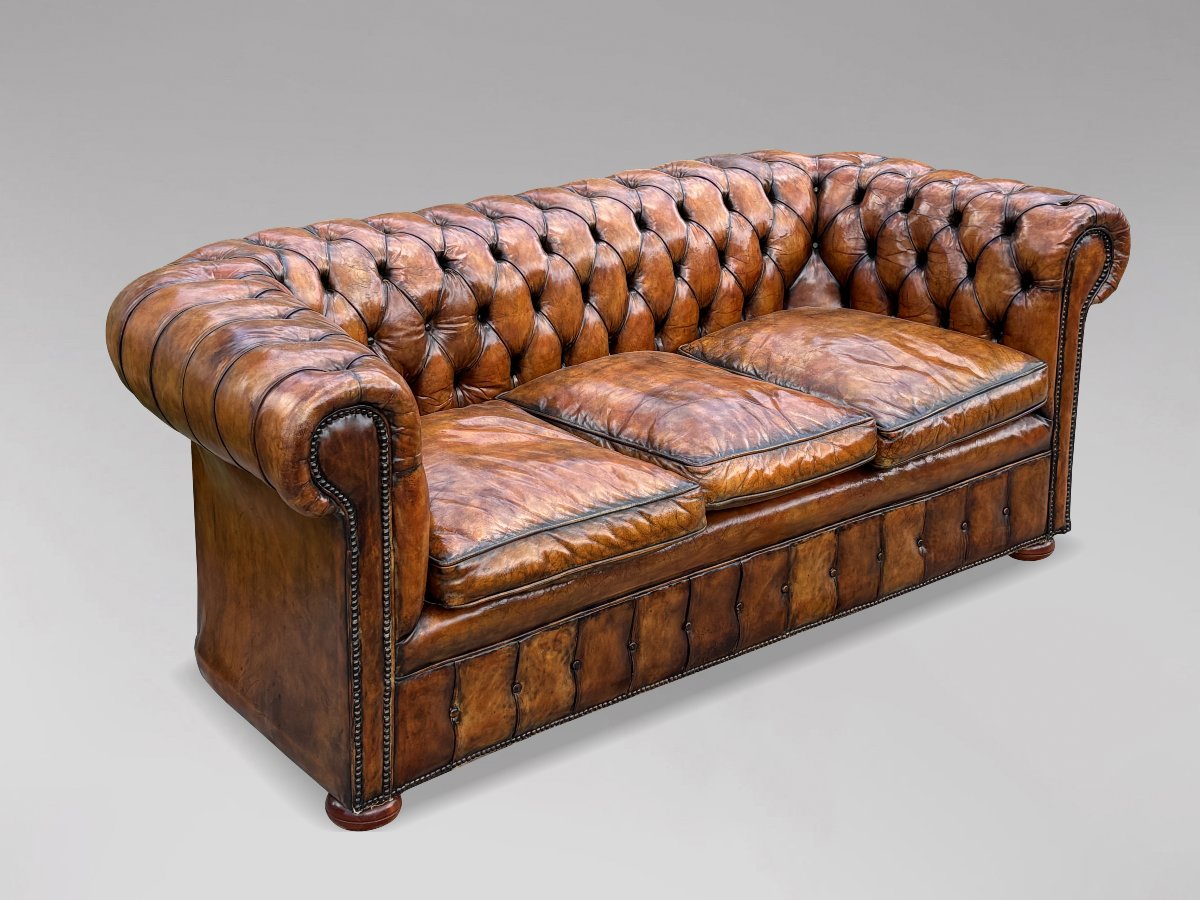 19th-century Victorian-period Brown Leather 3-seater Chesterfield Sofa-photo-2