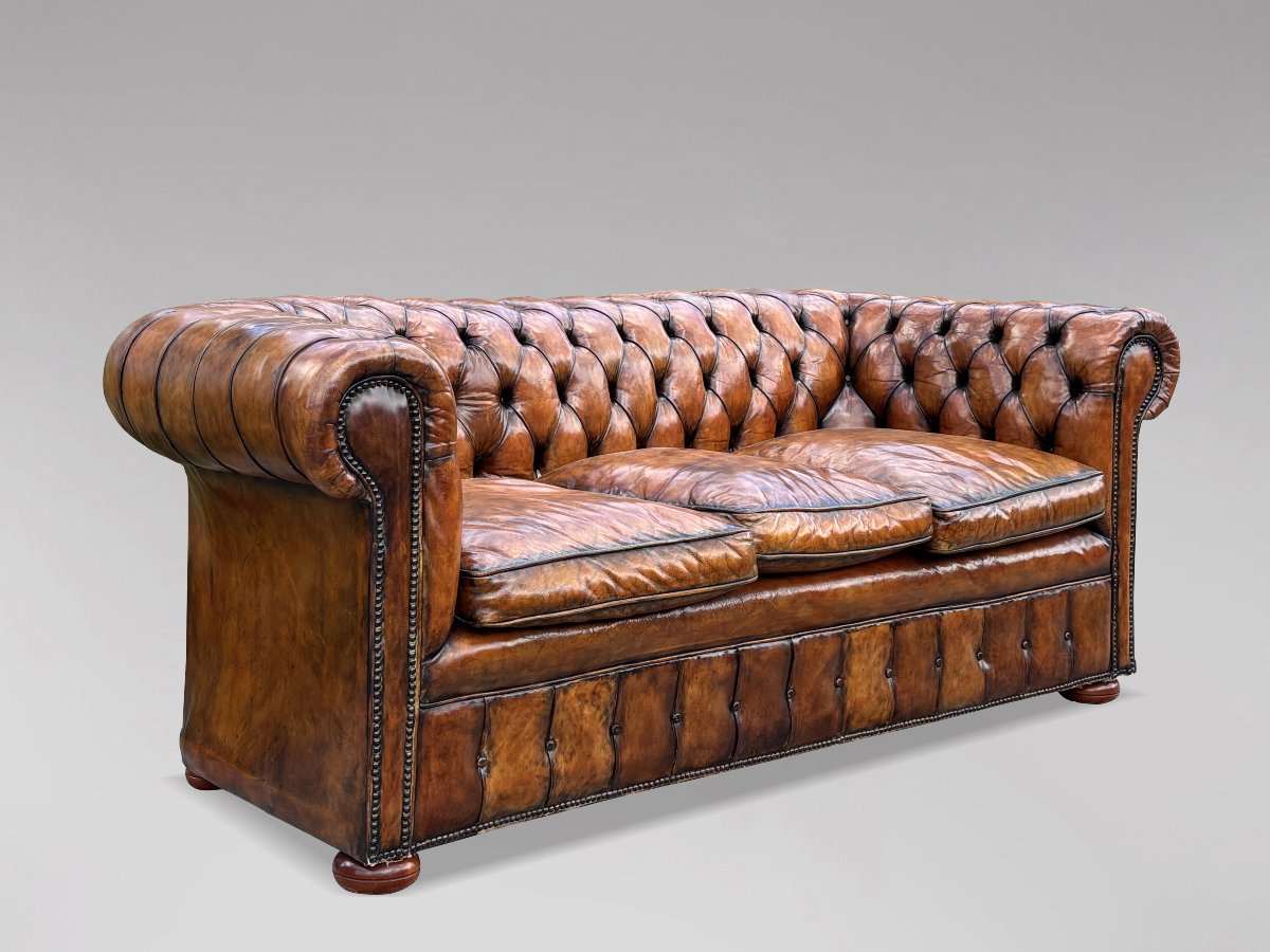 19th-century Victorian-period Brown Leather 3-seater Chesterfield Sofa-photo-3