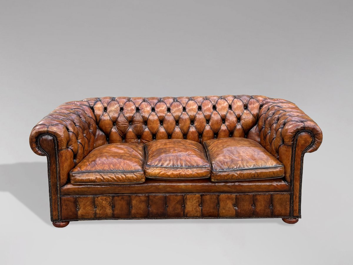 19th-century Victorian-period Brown Leather 3-seater Chesterfield Sofa-photo-4