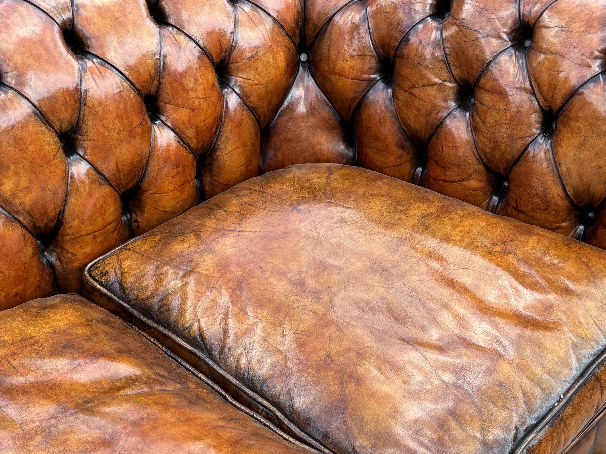 19th-century Victorian-period Brown Leather 3-seater Chesterfield Sofa-photo-2