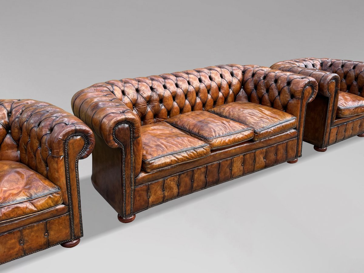 19th-century Victorian-period Brown Leather 3-seater Chesterfield Sofa-photo-5