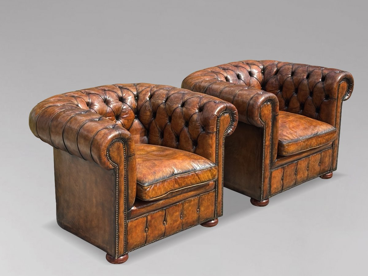 Pair Of 19th-century Victorian-period Brown Leather Club Armchairs-photo-2