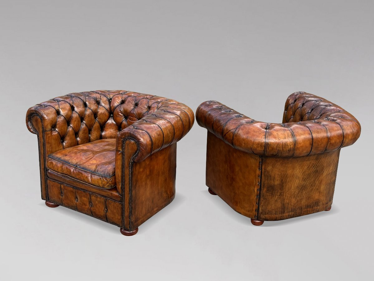 Pair Of 19th-century Victorian-period Brown Leather Club Armchairs-photo-4