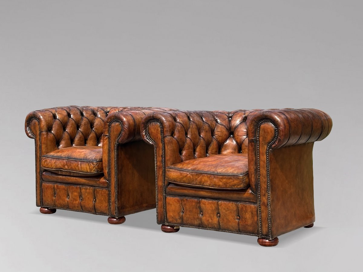 Pair Of 19th-century Victorian-period Brown Leather Club Armchairs-photo-3