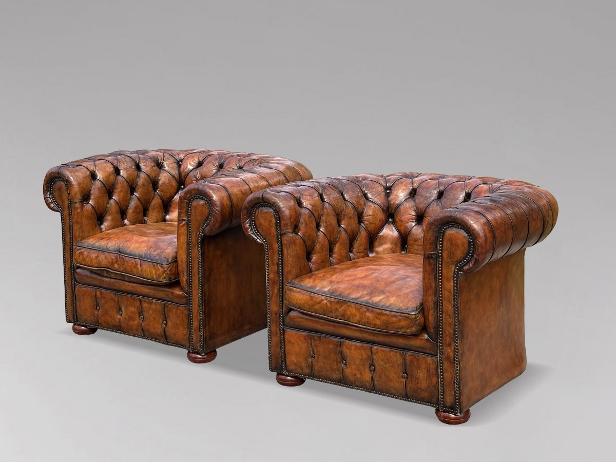 Pair Of 19th-century Victorian-period Brown Leather Club Armchairs