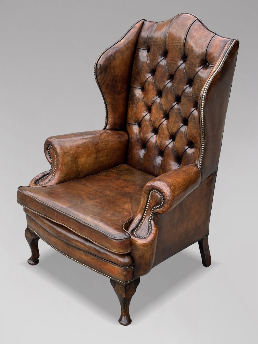 19ème Siècle, Fauteuil de Bibliothèque en Cuir Brun-photo-2