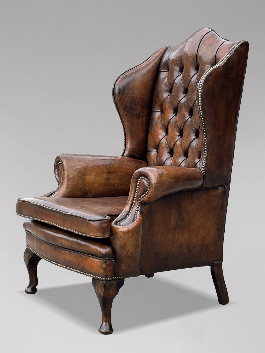 19ème Siècle, Fauteuil de Bibliothèque en Cuir Brun-photo-1