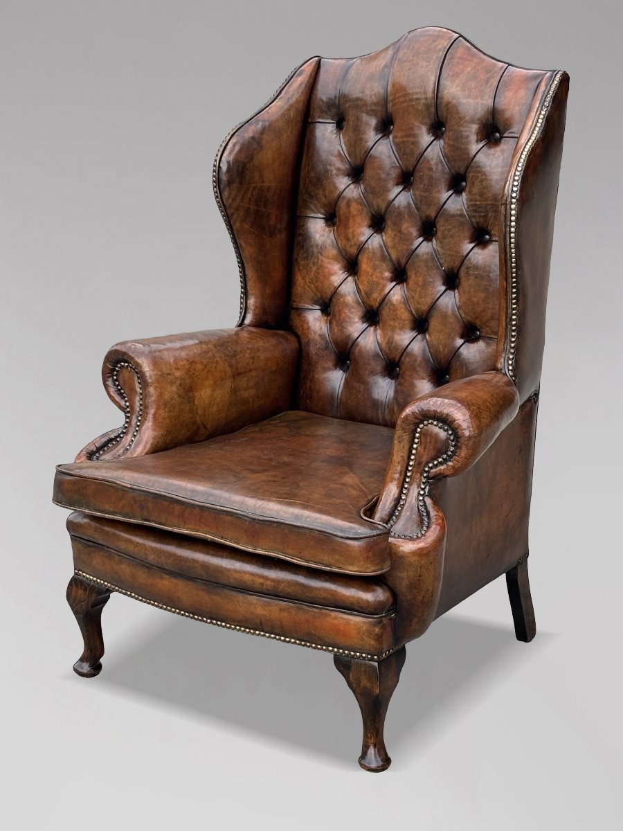 19ème Siècle, Fauteuil de Bibliothèque en Cuir Brun-photo-3
