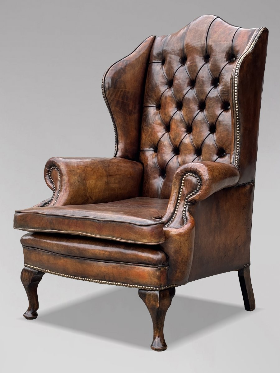 19ème Siècle, Fauteuil de Bibliothèque en Cuir Brun