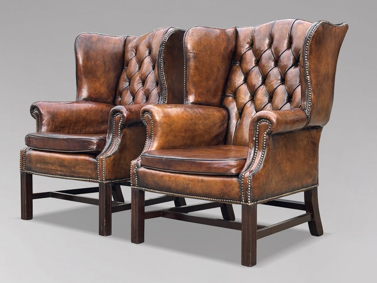 Pair Of 19th-century Brown Leather Wingback Armchairs-photo-2
