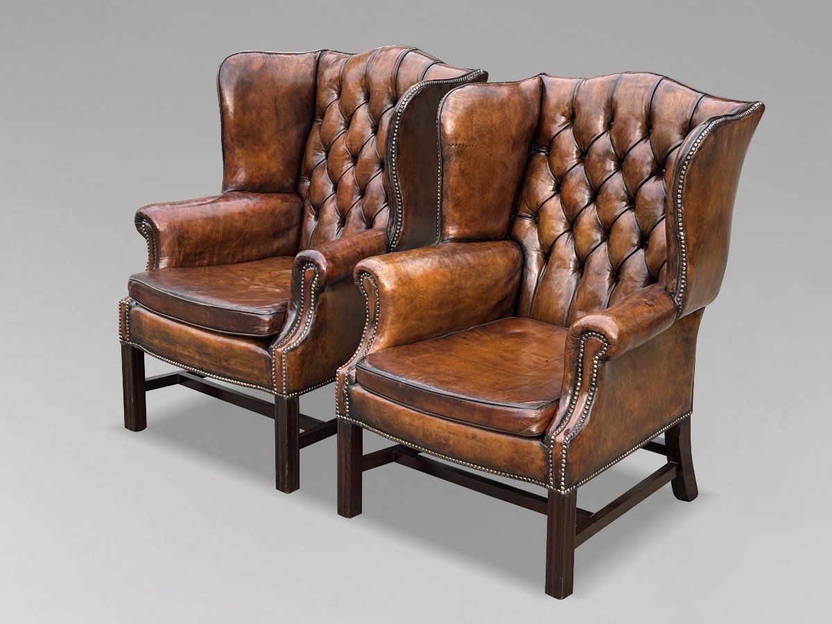 Pair Of 19th-century Brown Leather Wingback Armchairs-photo-3