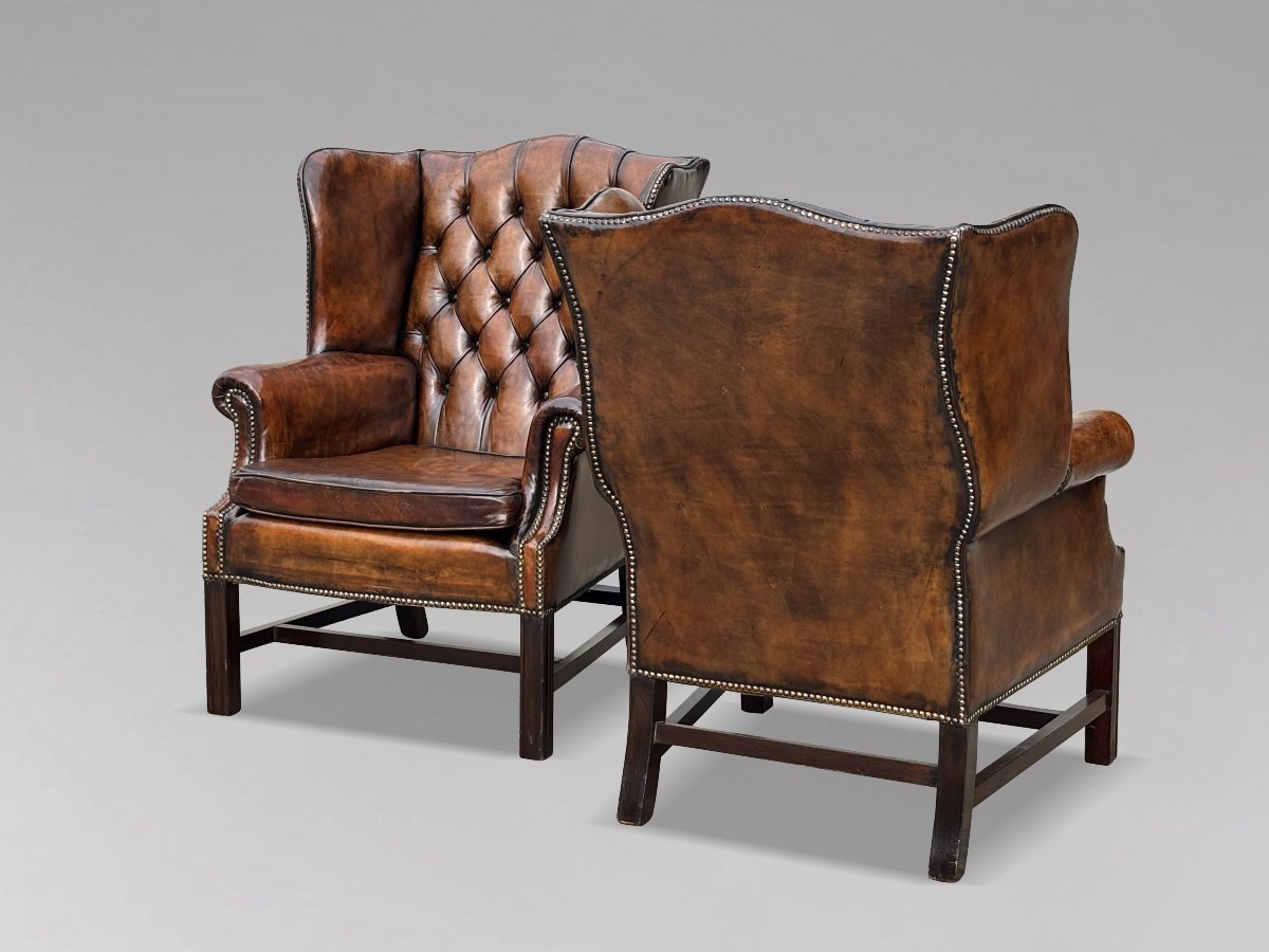Pair Of 19th-century Brown Leather Wingback Armchairs-photo-4