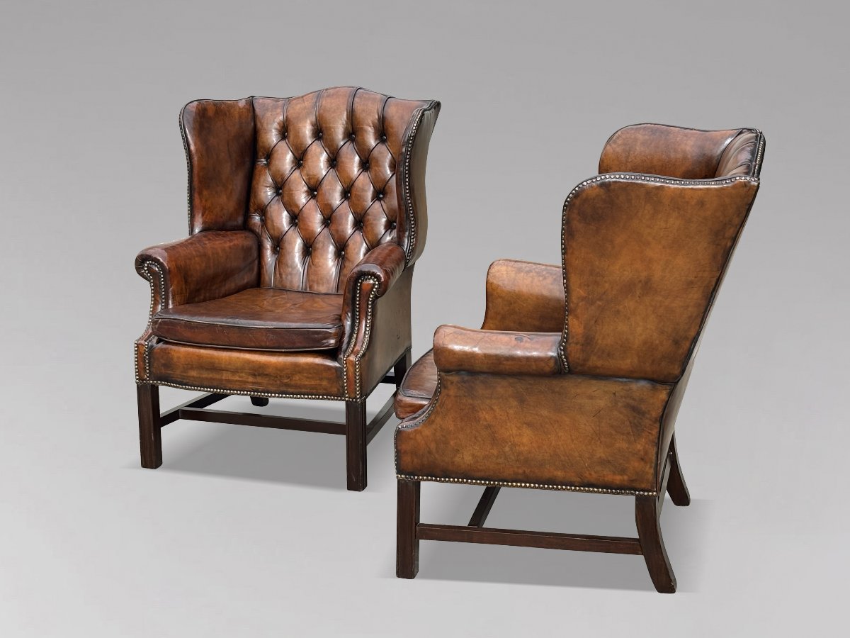 Pair Of 19th-century Brown Leather Wingback Armchairs-photo-1