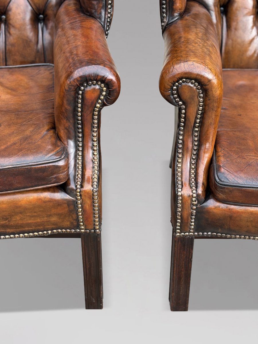 Pair Of 19th-century Brown Leather Wingback Armchairs-photo-2