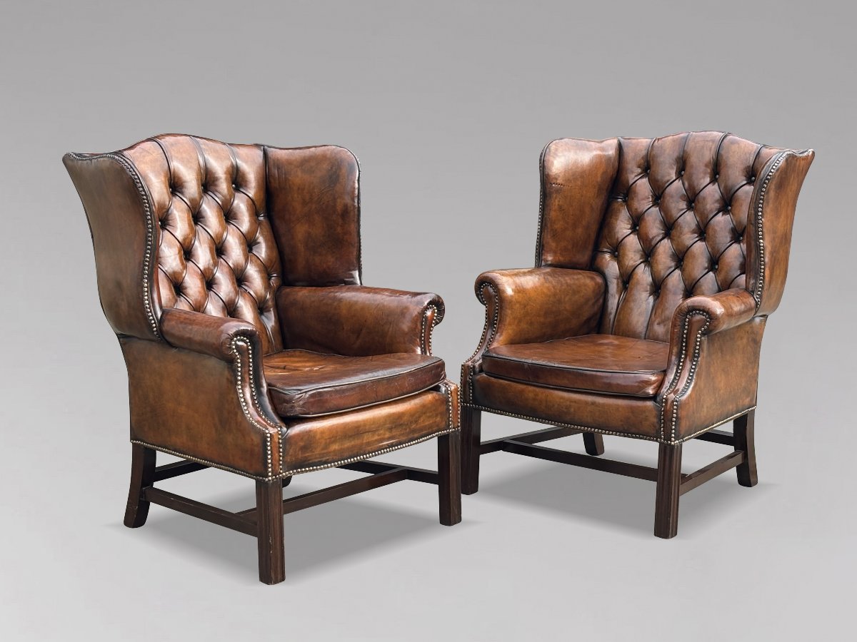 Pair Of 19th-century Brown Leather Wingback Armchairs-photo-6