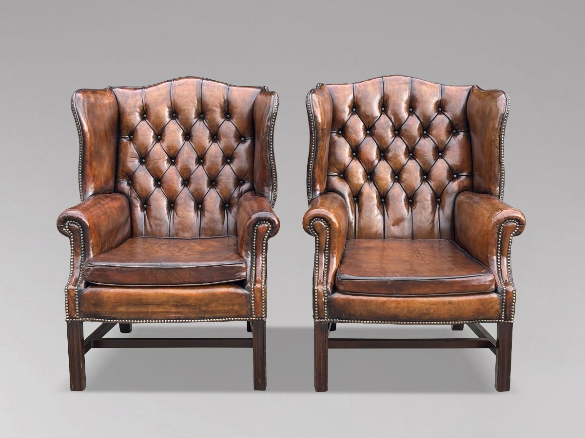 Pair Of 19th-century Brown Leather Wingback Armchairs