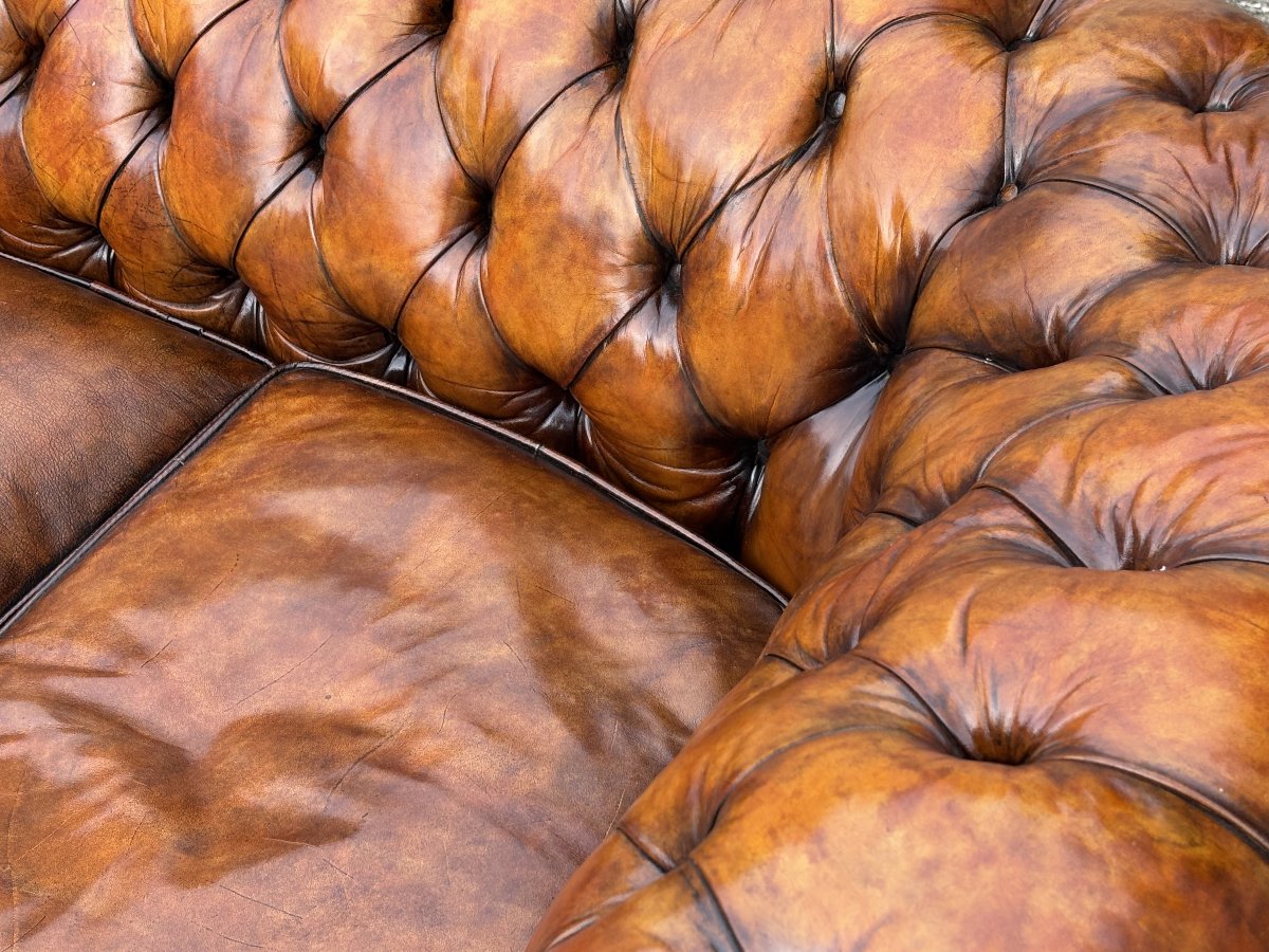 19ème Siècle, Canapé Chesterfield 3 Places d’Époque Victorienne en Cuir Brun-photo-1