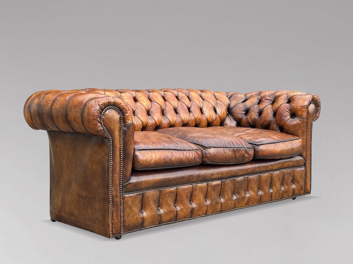 19ème Siècle, Canapé Chesterfield 3 Places d’Époque Victorienne en Cuir Brun-photo-6