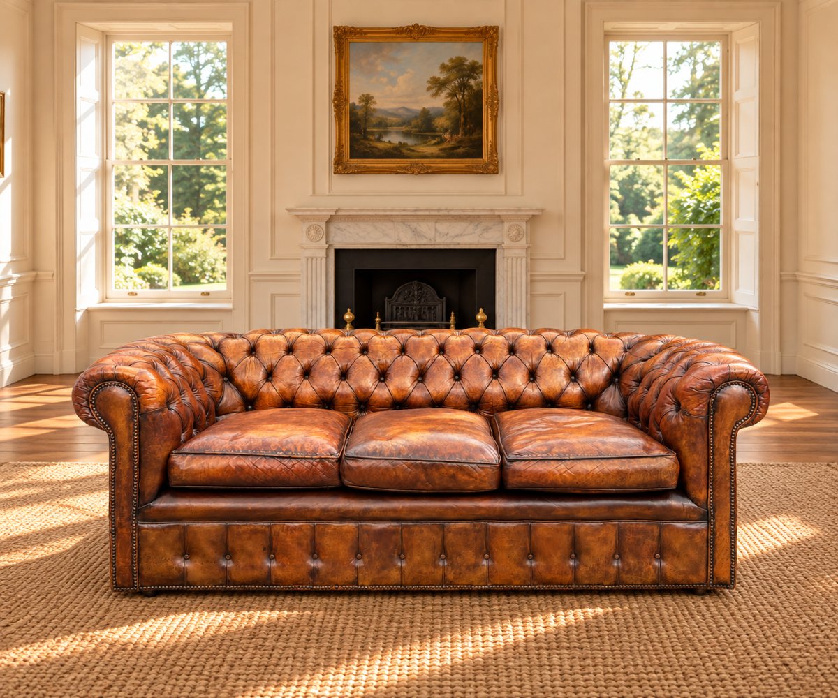 19ème Siècle, Canapé Chesterfield 3 Places d’Époque Victorienne en Cuir Brun-photo-8