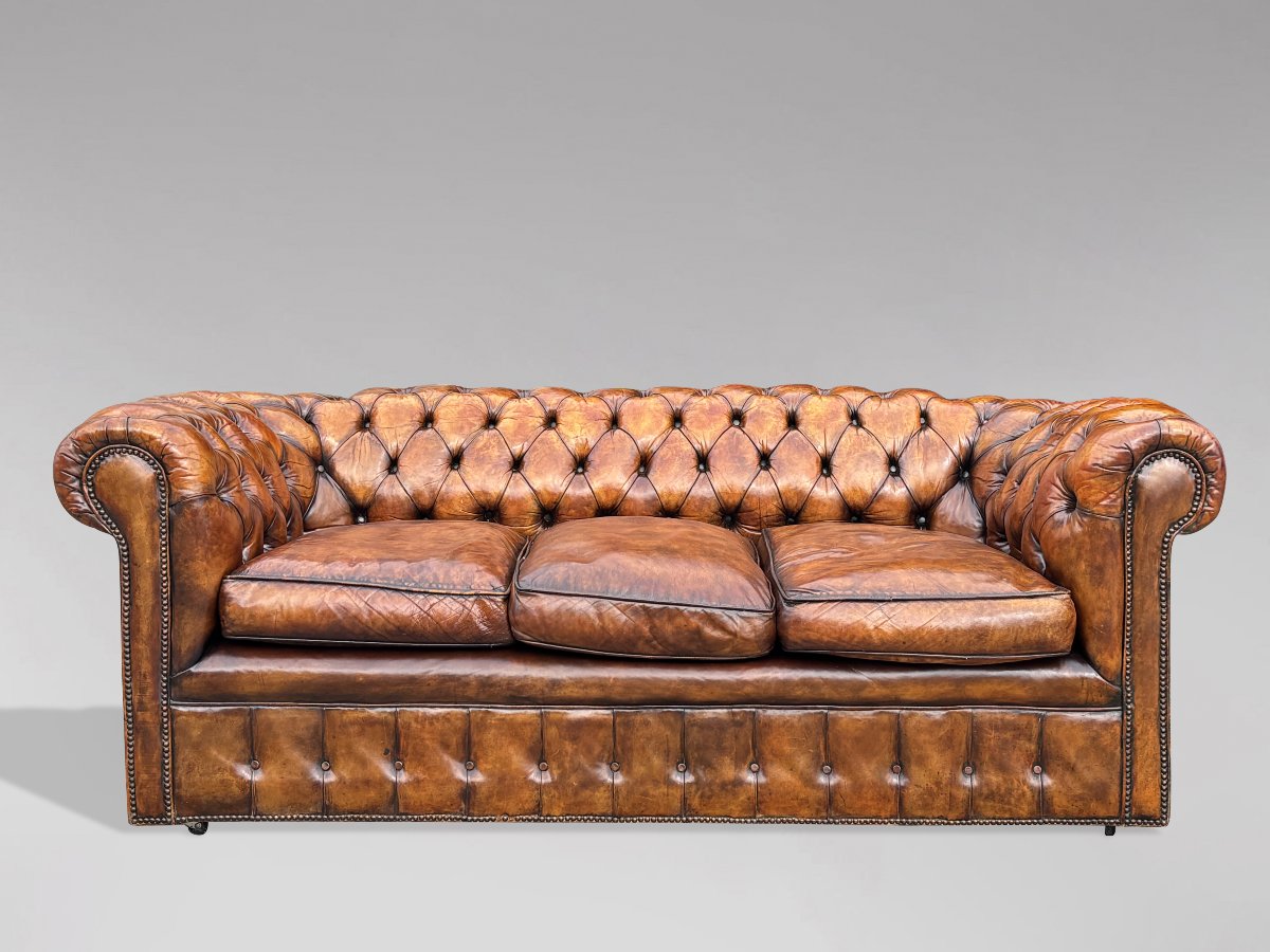 19ème Siècle, Canapé Chesterfield 3 Places d’Époque Victorienne en Cuir Brun