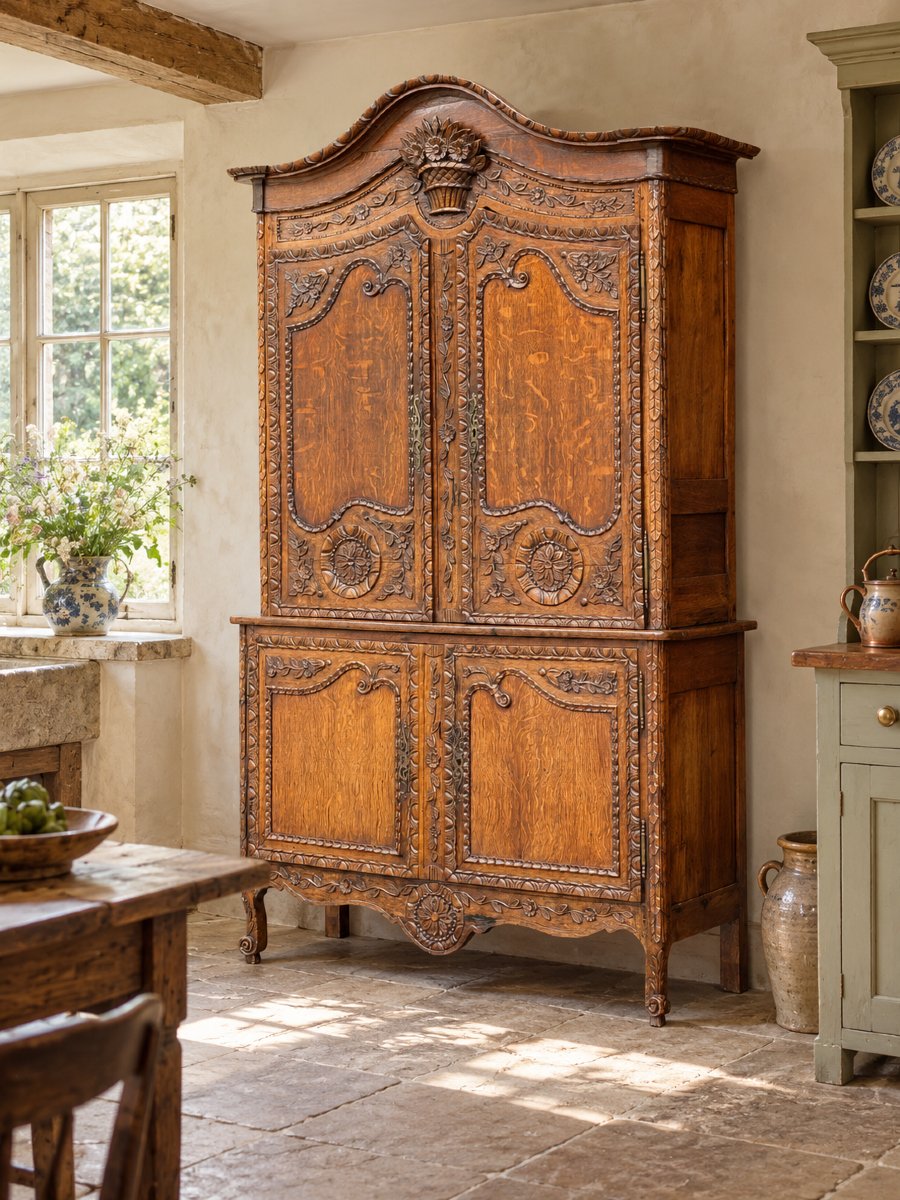 18th-century Carved Oak Normandy Deux Corps Buffet-photo-6