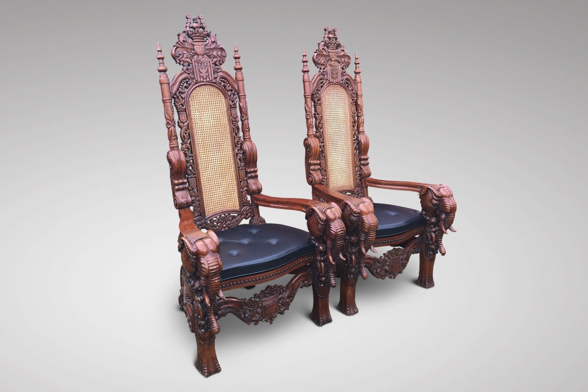 20ème Siècle, Grande Paire de Chaises de Trône Éléphant Sculptées-photo-2