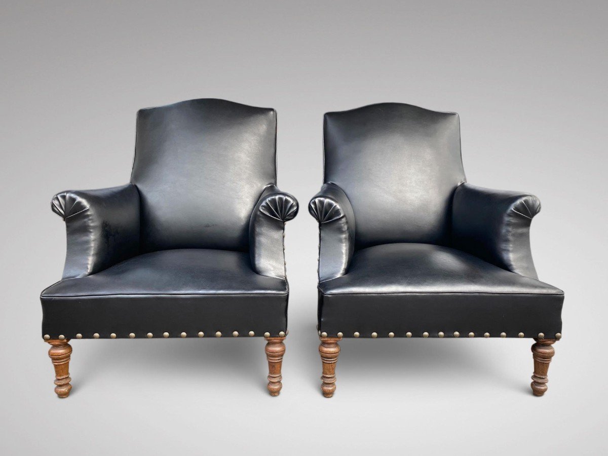 19th Century Pair Of French Black Leather Library Armchairs