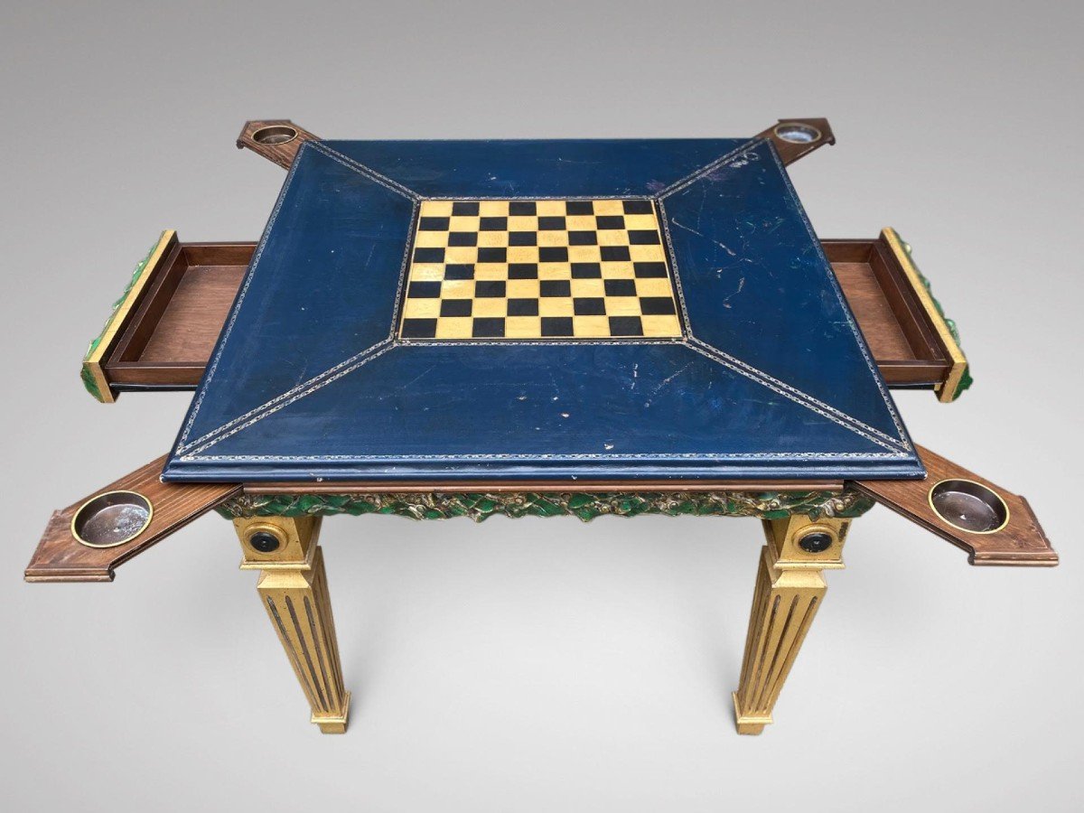 20ème Siècle, Table de Jeux Peinte en France avec dessus en cuir repoussé bleu-photo-2