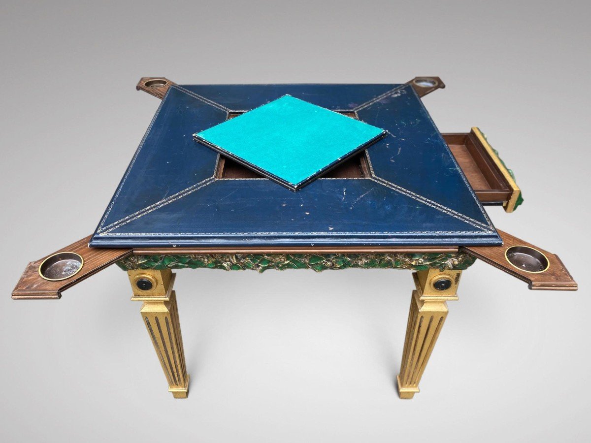 20ème Siècle, Table de Jeux Peinte en France avec dessus en cuir repoussé bleu-photo-3