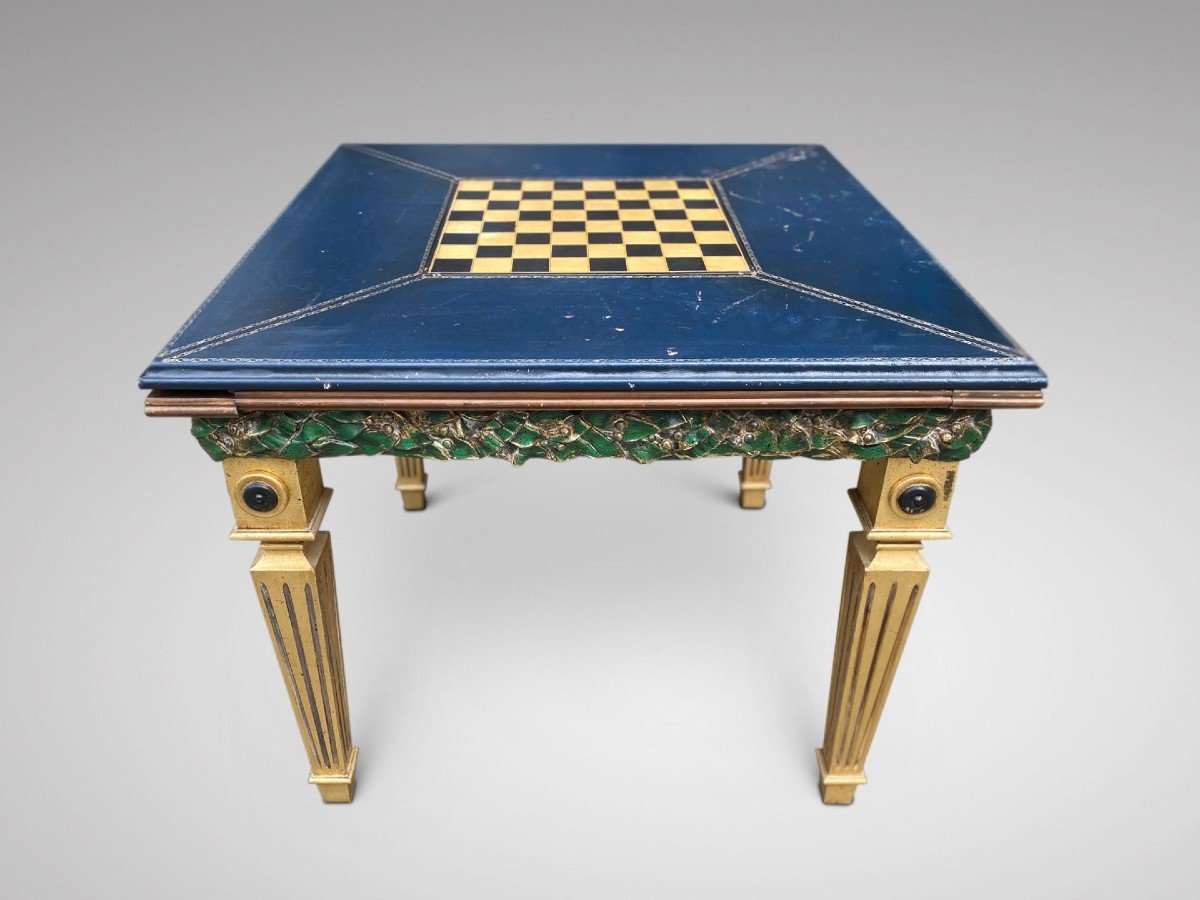 20ème Siècle, Table de Jeux Peinte en France avec dessus en cuir repoussé bleu-photo-4