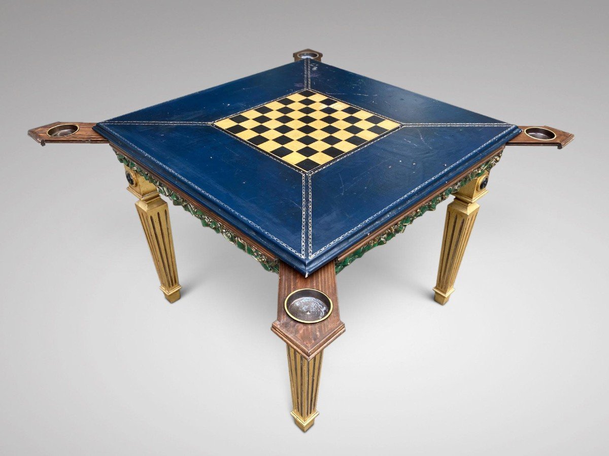 20th Century French Painted Games Table With Blue Tooled Leather Top