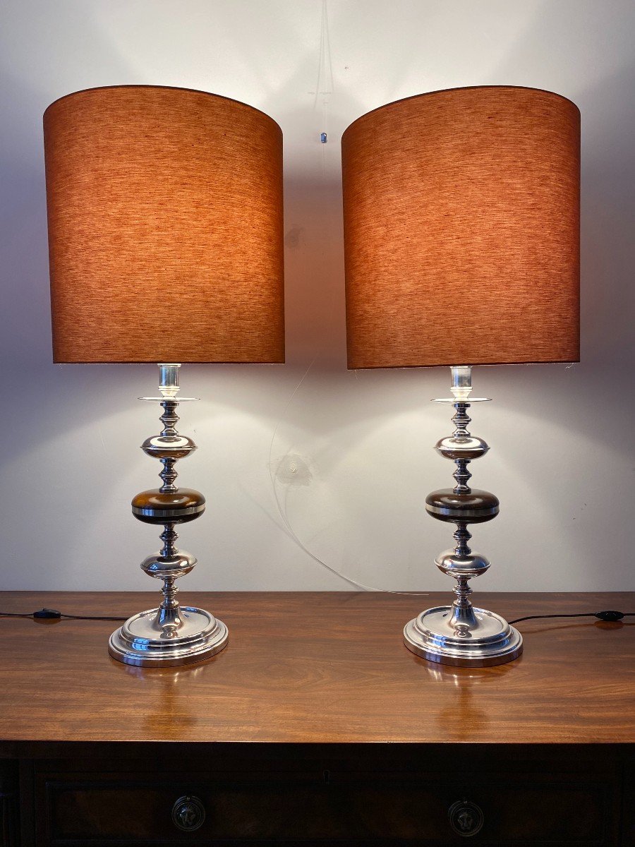20ème Siècle, Paire de Grandes Lampes de Table Candélabres en Argent-photo-2