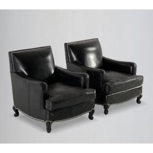 Pair Of French Black Leather Club Armchairs
