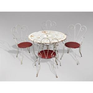 20th Century French Painted Metal Garden Set Table And Chairs