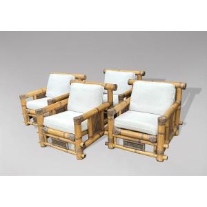 Set Of 4 Large Bamboo Pagoda Lounge Armchairs, 1980s