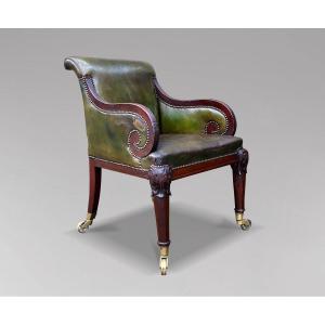 19ème Siècle, Fauteuil de Bibliothèque en Acajou et Cuir d'Époque Guillaume IV 