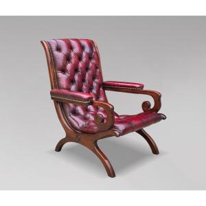 Quality Burgundy Red Leather Chesterfield Slipper Armchair