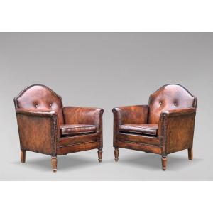 19ème Siècle, Paire de Fauteuils Club en Cuir  