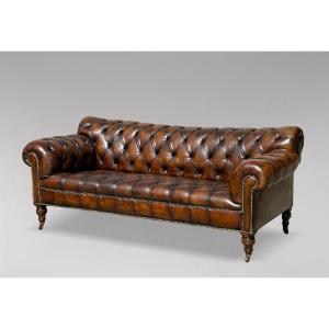 19ème Siècle, Canapé Chesterfield en Cuir D'époque Victorienne 