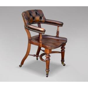 19th Century Mahogany Saddle Seat Leather Armchair
