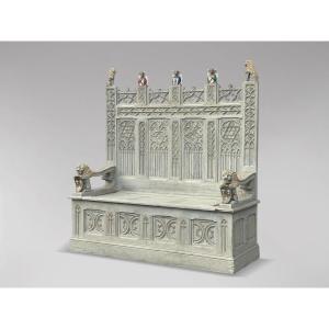19th Century Carved Painted Gothic Revival Hall Bench