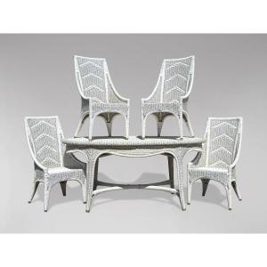 Early 20th Century White Painted Handwoven Wicker Garden Dining Room Set