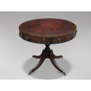 19ème Siècle, Drum Table en Acajou et Cuir Bordeaux