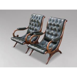 Paire de Fauteuils Chesterfield en Cuir Vert d'Époque Édouardienne