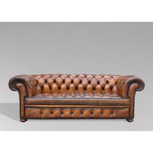 19ème Siècle, Canapé Chesterfield en Cuir Marron d'Époque Victorienne 